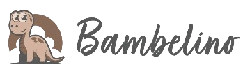 Bambelino Logo mit lächelndem Dino-Maskottchen in Beige/Braun und grauem, handschriftlichem Schriftzug – kinderfreundliches Markenzeichen.